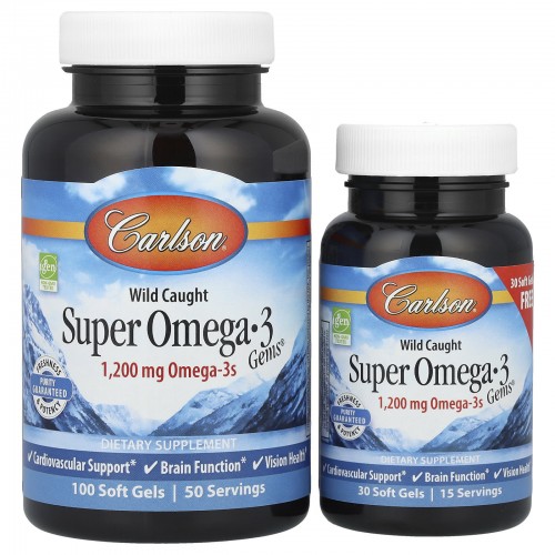Carlson Labs, Wild Caught Super Omega-3 Gems, высокоэффективная омега-3 из морской рыбы, 600 мг, 100 плюс 30 капсул Carlson Labs, Wild Caught Super Omega-3 Gems, высокоэффективная омега-3 из морской рыбы, 600 мг, 100 плюс 30 капсул